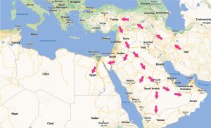 map of middle eastern europe with arrows showing the historical spread of hookah smoking